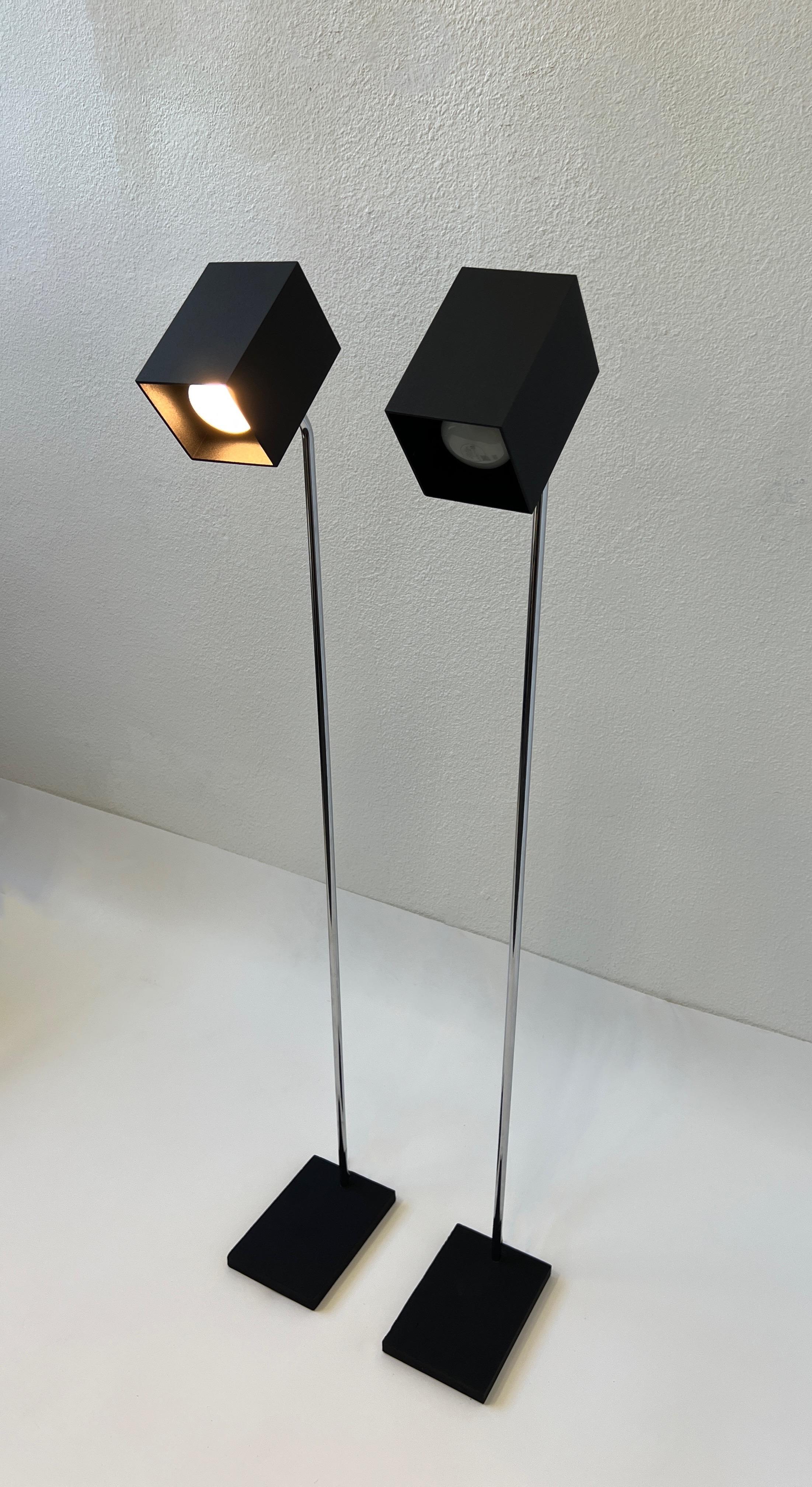 Powder-Coated Pair of Black and Chrome Floor Lamps by Kovacs