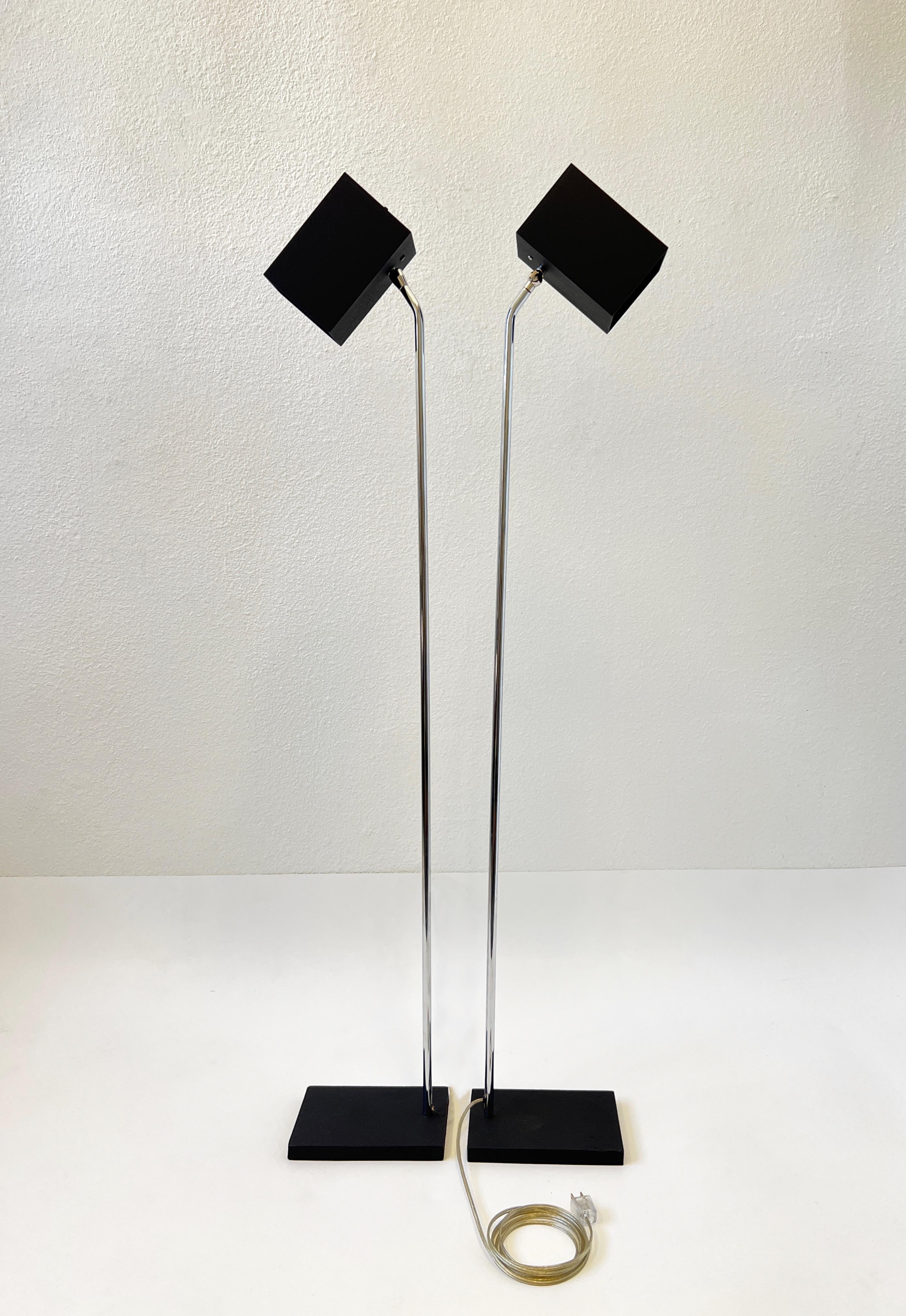 Steel Pair of Black and Chrome Floor Lamps by Kovacs