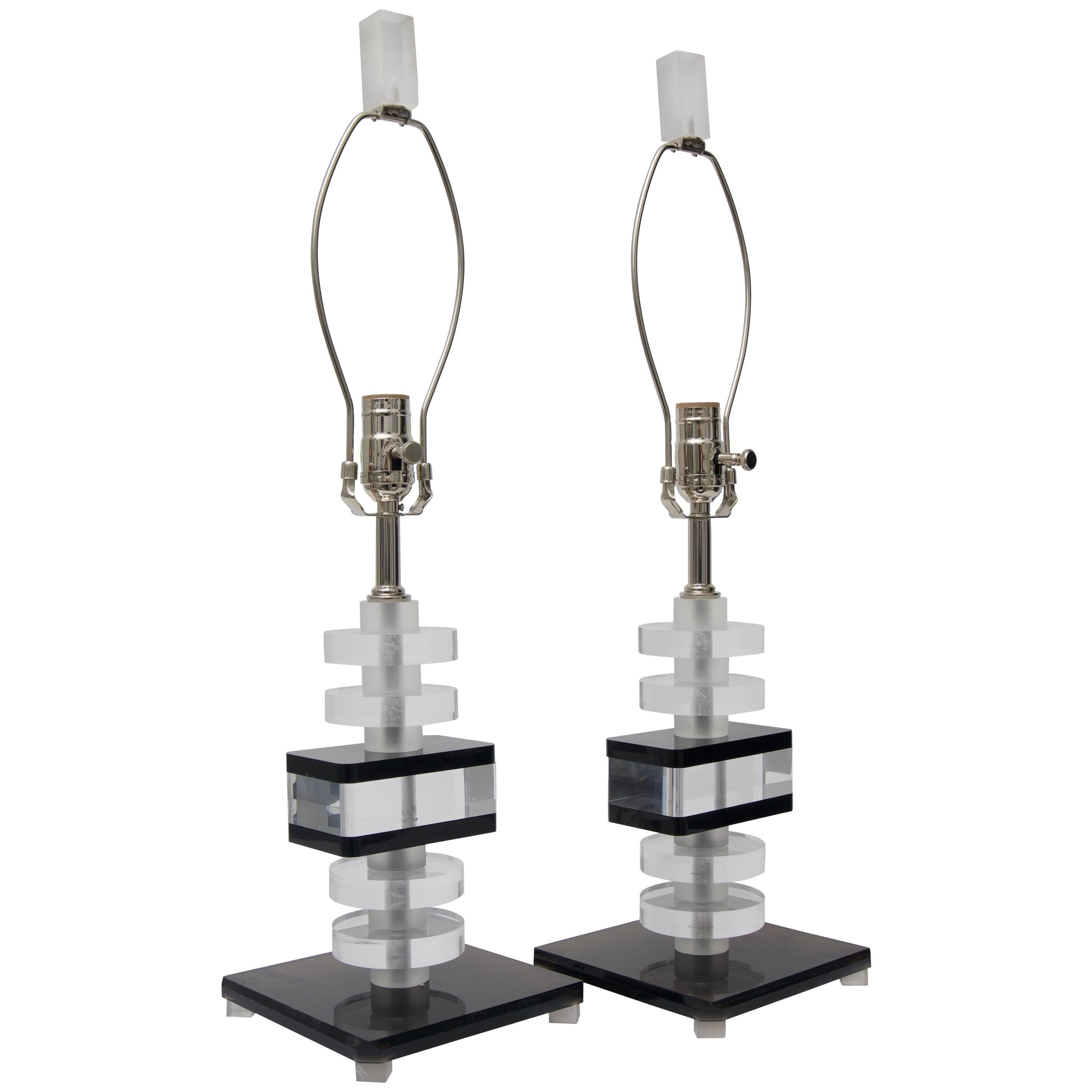 Pair of Black and Clear Lucite Lamps