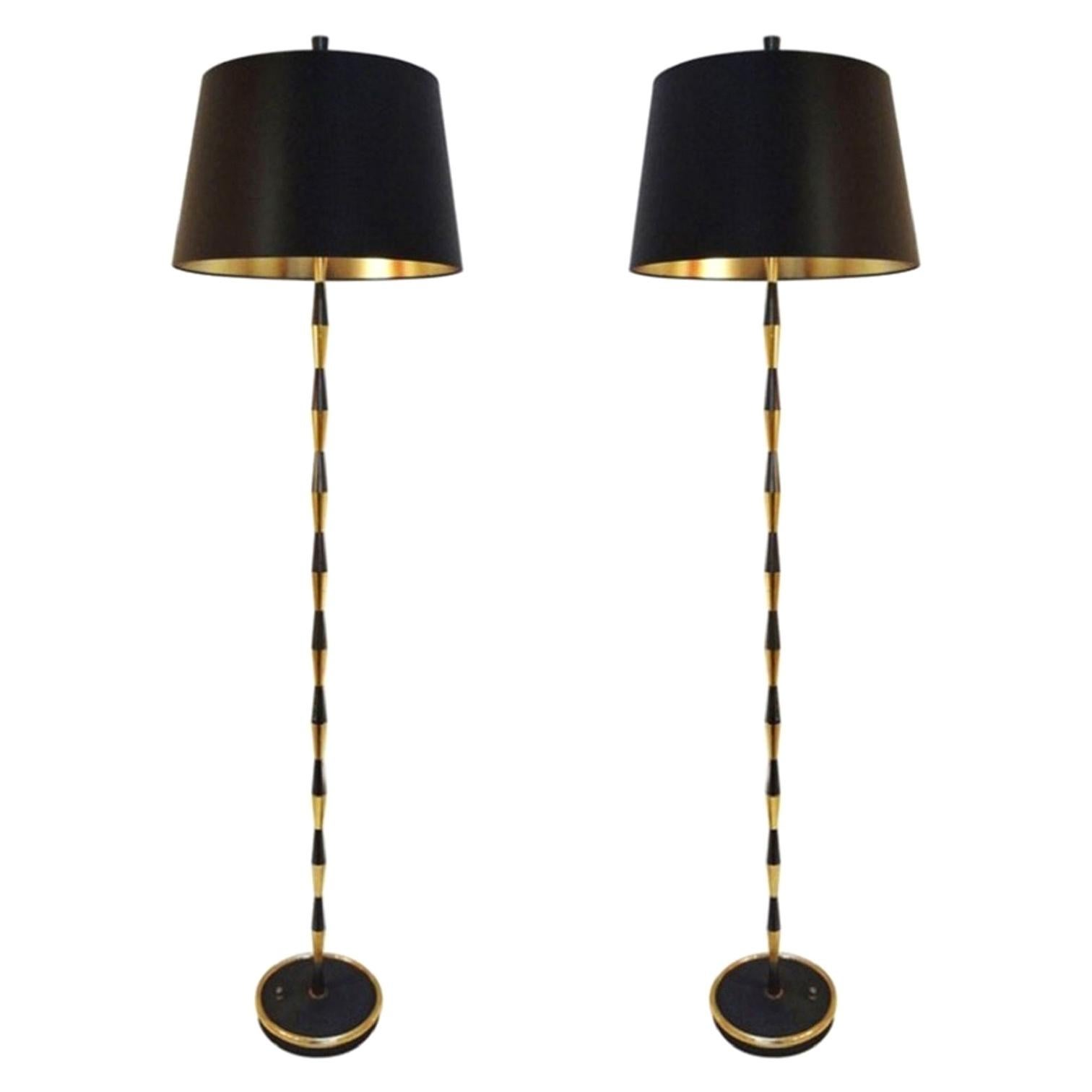 Pair of Black and Gilt Brass Floor Lamp by Maison Arlus, 1960s For Sale