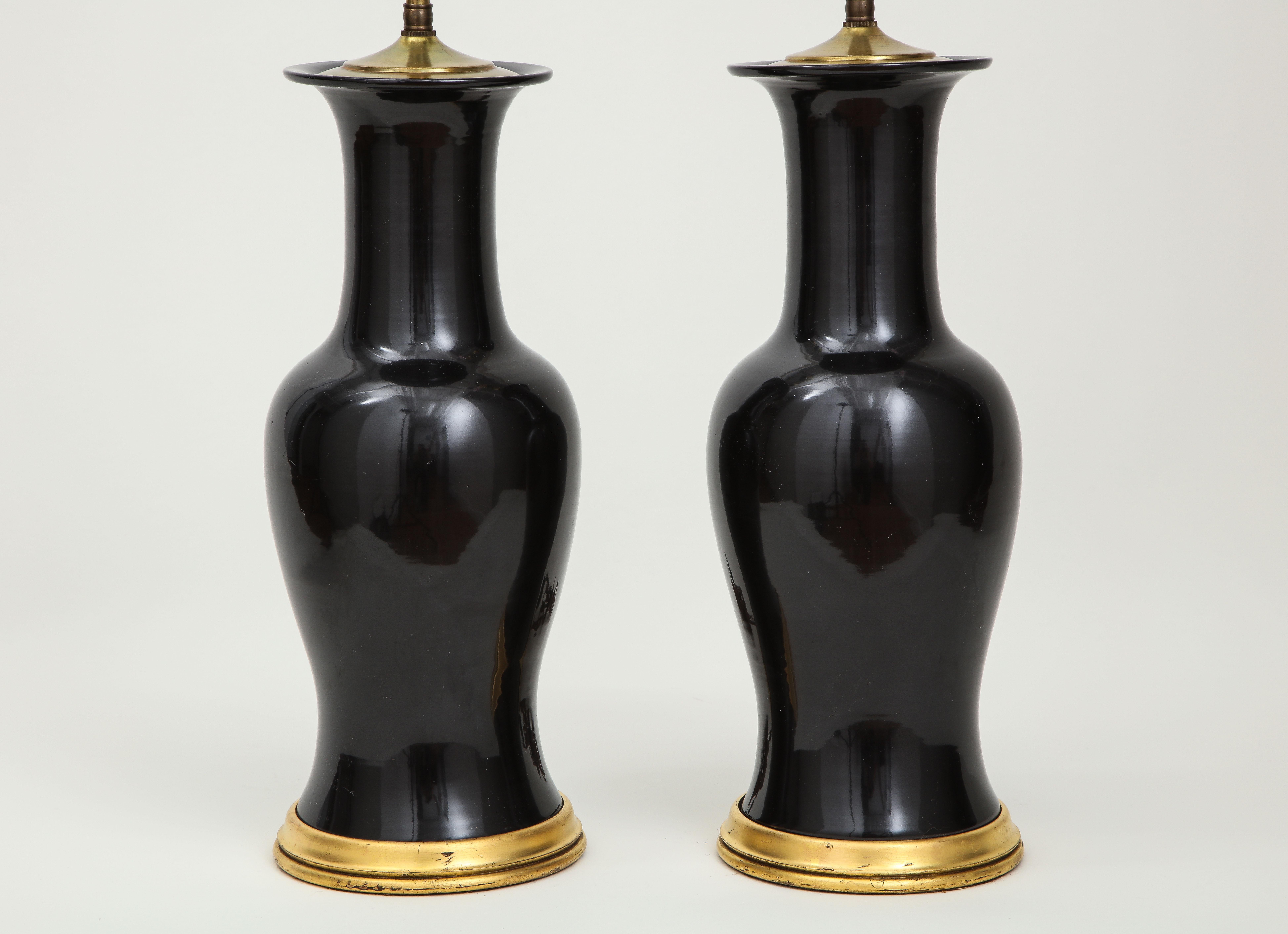 Chinese Export Pair of Black and Gilt Ceramic Vase Lamps