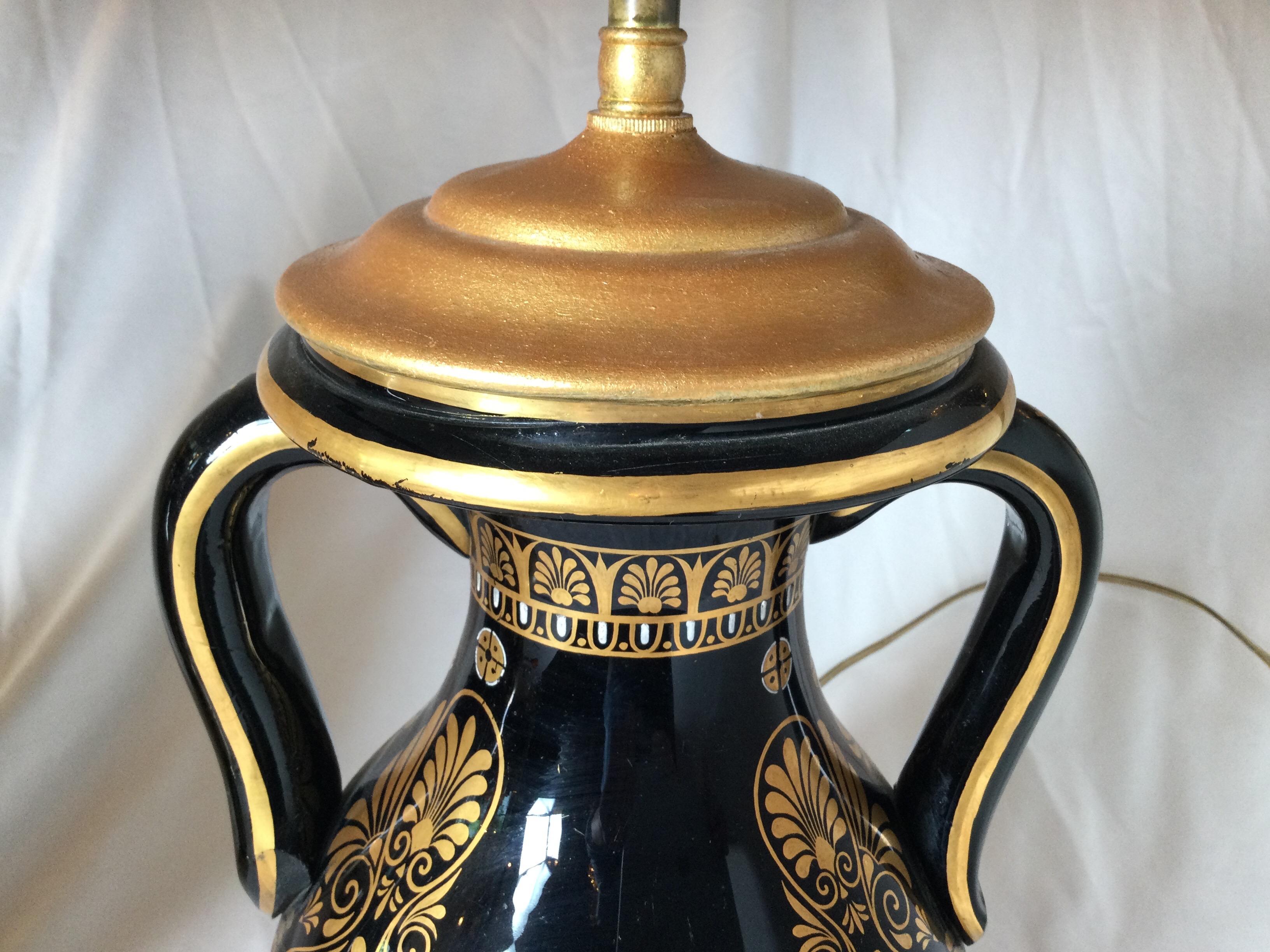 European Pair of Black and Gilt Neoclassical Urn Lamps For Sale