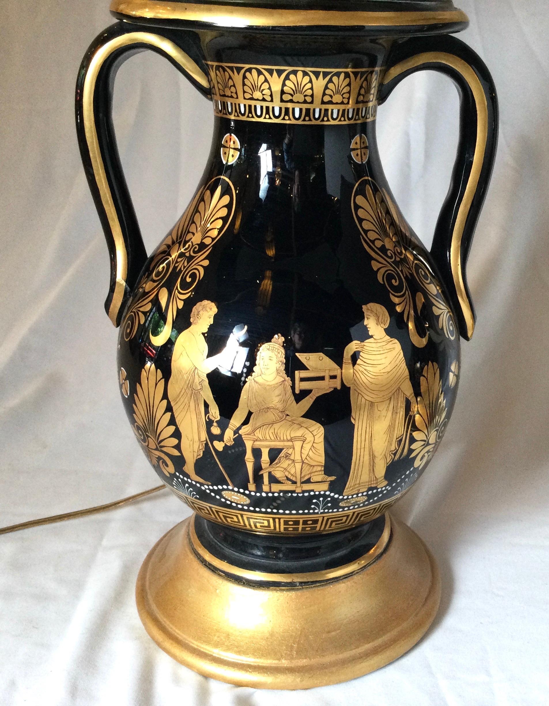 20th Century Pair of Black and Gilt Neoclassical Urn Lamps For Sale