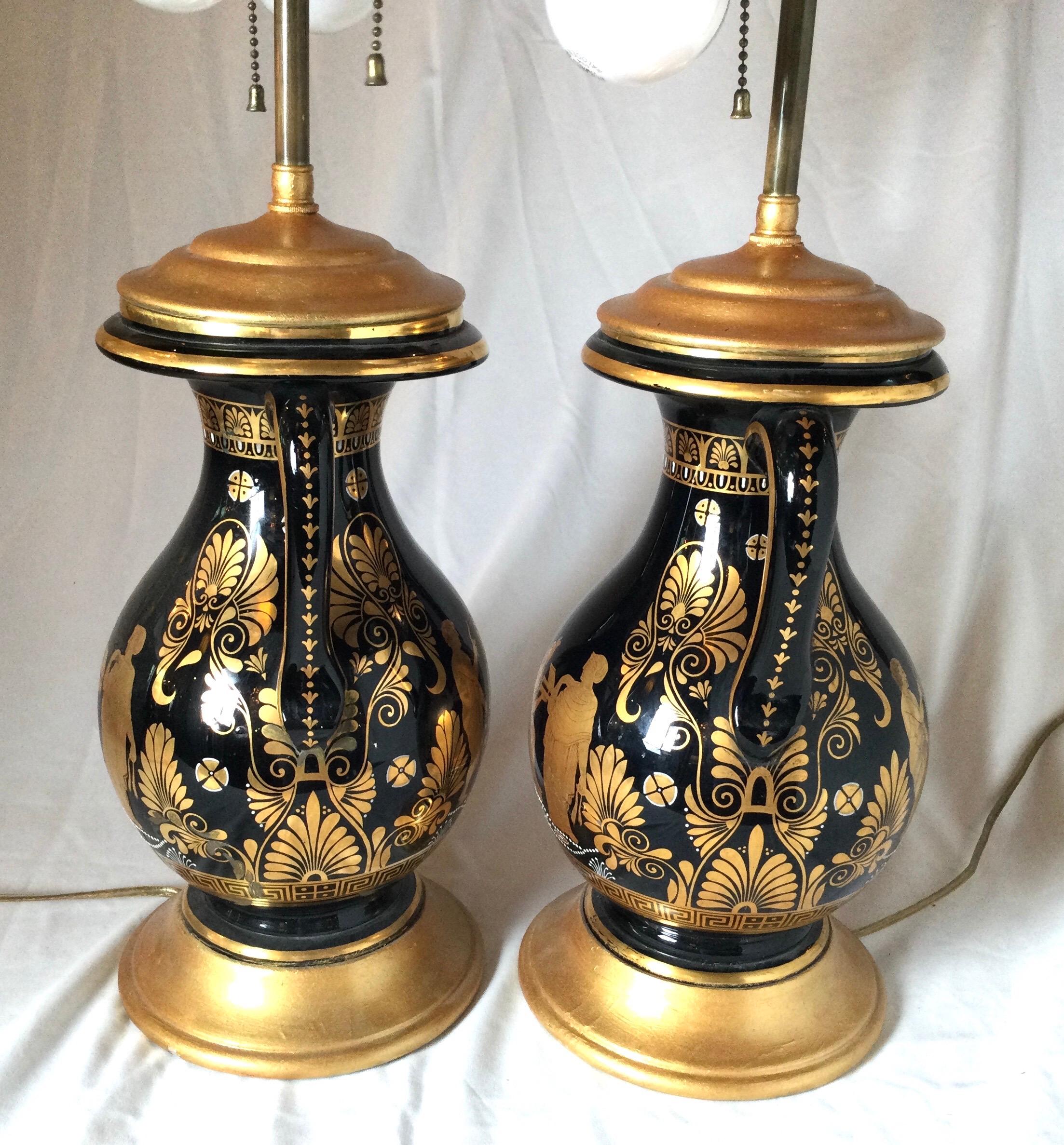 Porcelain Pair of Black and Gilt Neoclassical Urn Lamps For Sale