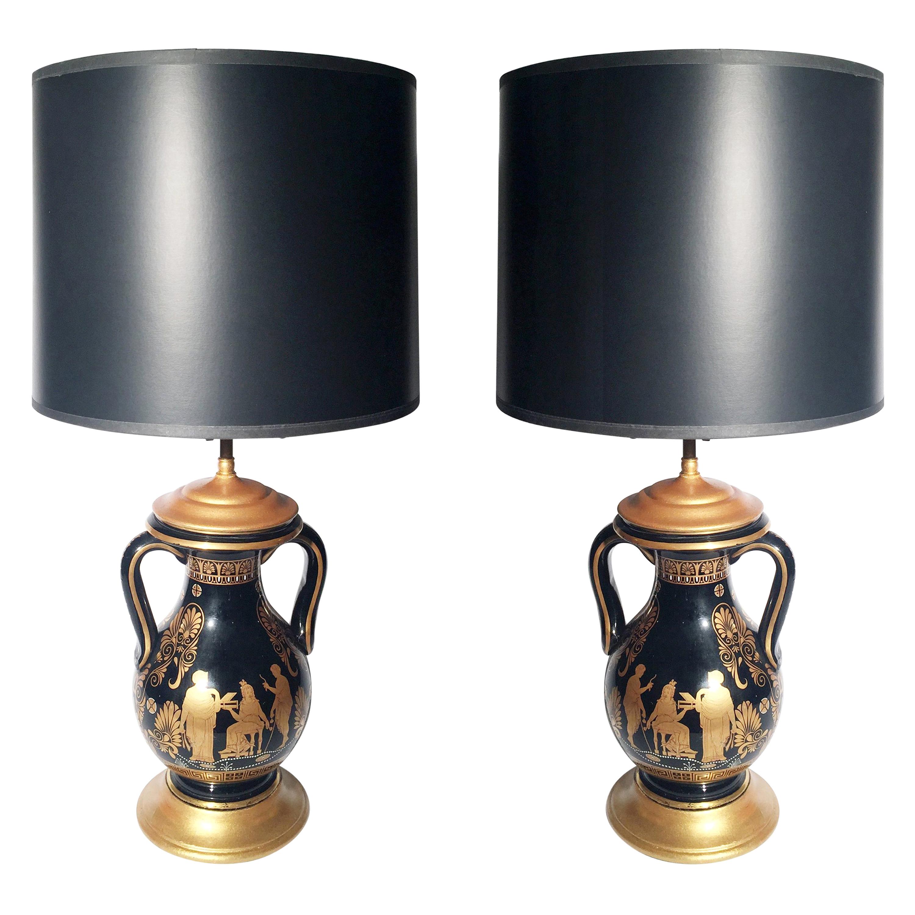 Pair of Black and Gilt Neoclassical Urn Lamps