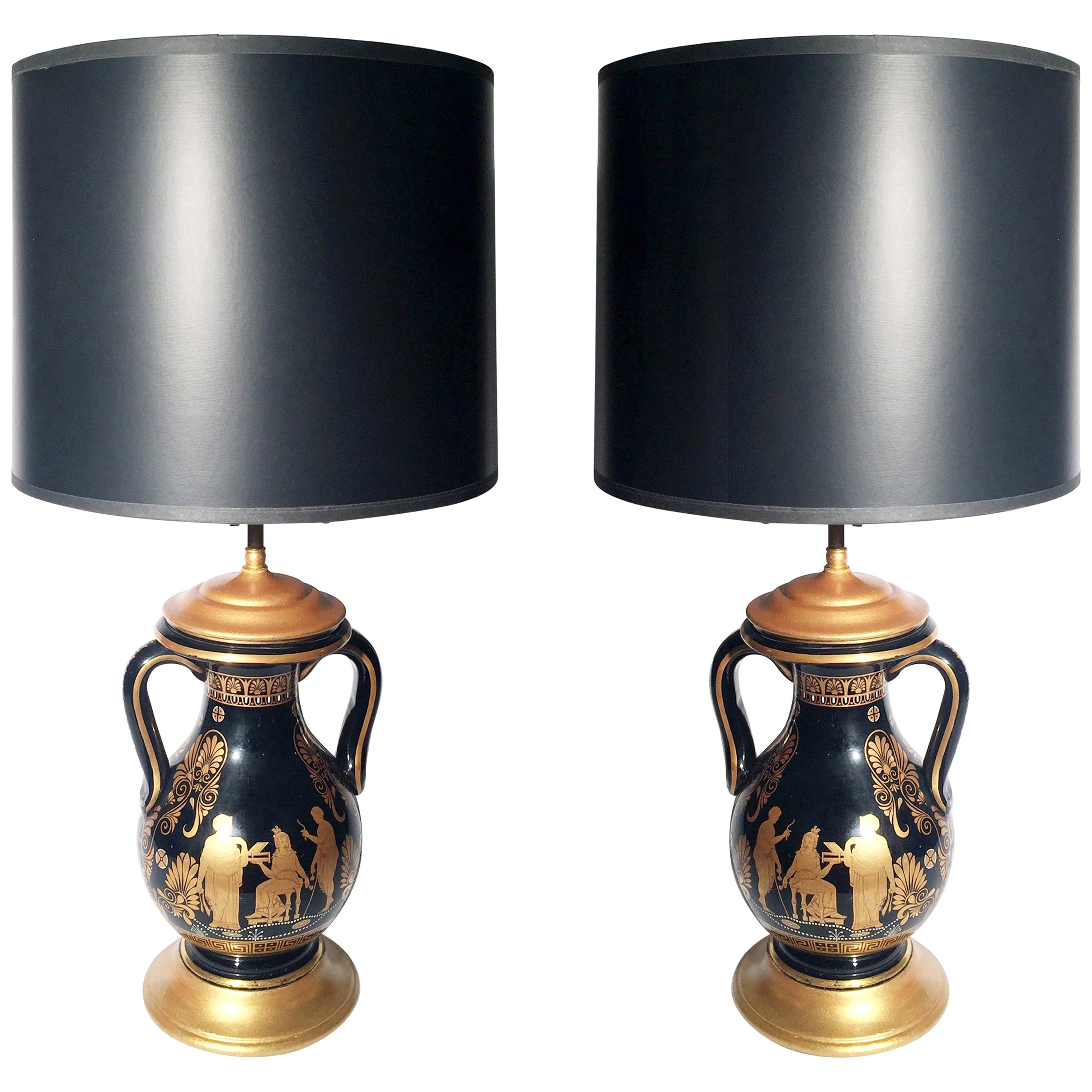 Pair of Black and Gilt Neoclassical Urn Lamps