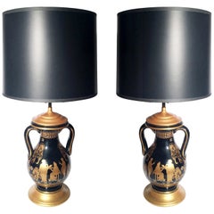 Pair of Black and Gilt Neoclassical Urn Lamps