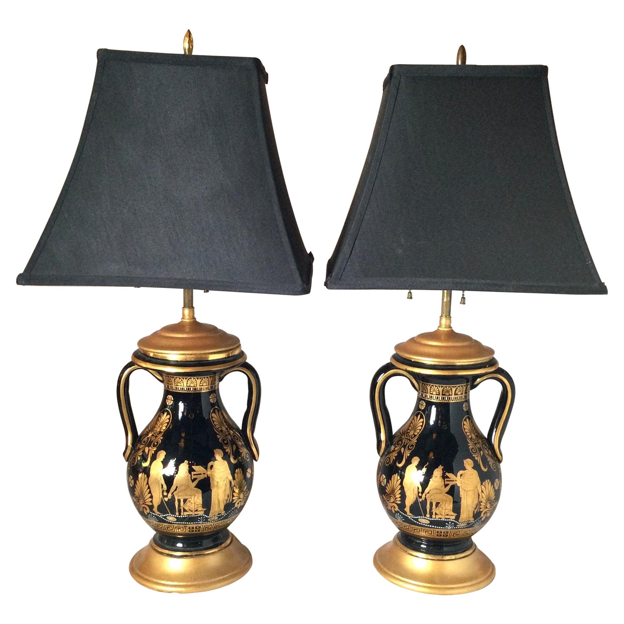 Pair of Black and Gilt Neoclassical Urn Lamps For Sale