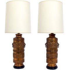 Pair of Black and Gold Asian Lamps 