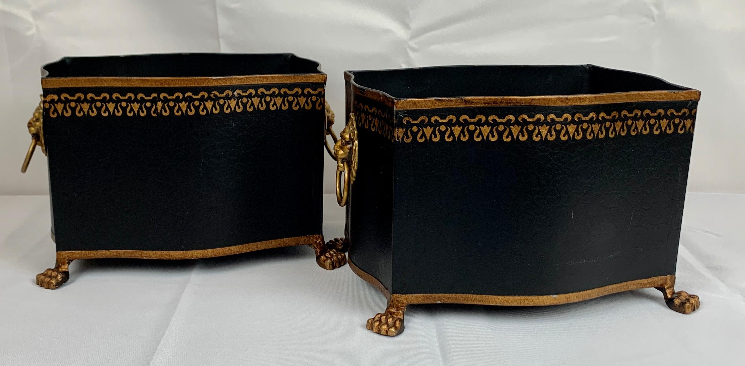 Regency Revival Pair of Black and Gold Cachepots-Lion's Faces and Paws