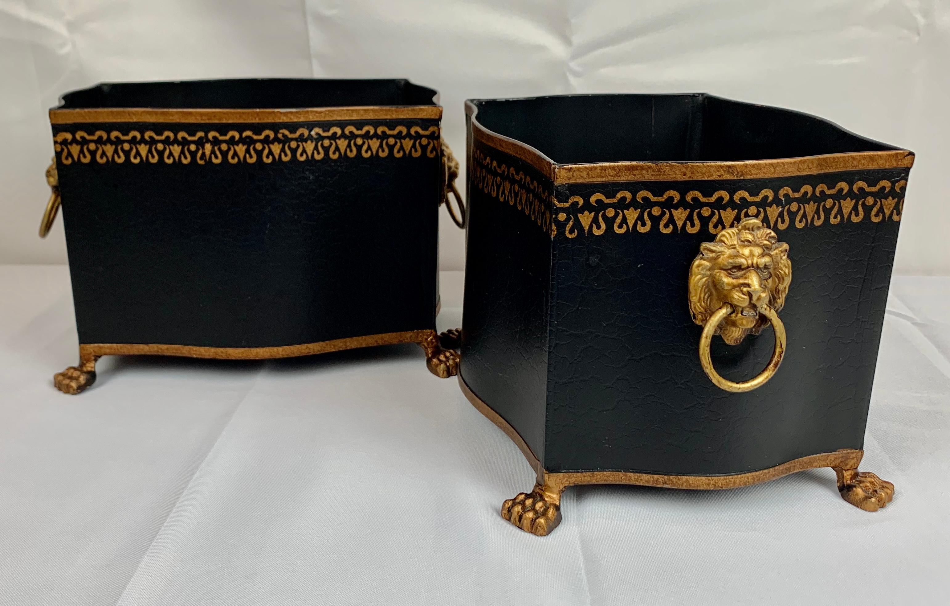 Gilt Pair of Black and Gold Cachepots-Lion's Faces and Paws