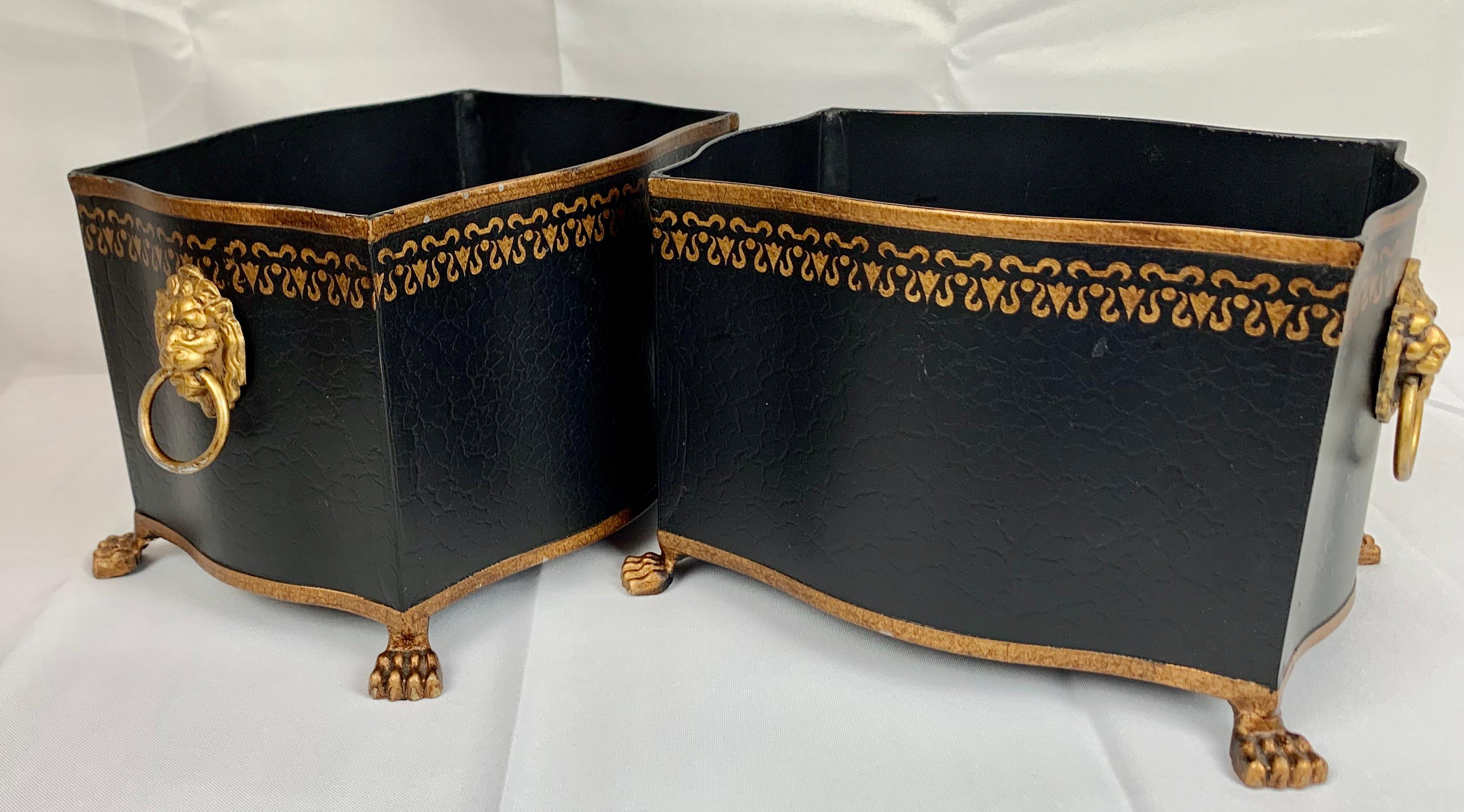 Contemporary Pair of Black and Gold Cachepots-Lion's Faces and Paws