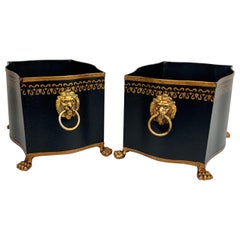 Pair of Black and Gold Cachepots-Lion's Faces and Paws