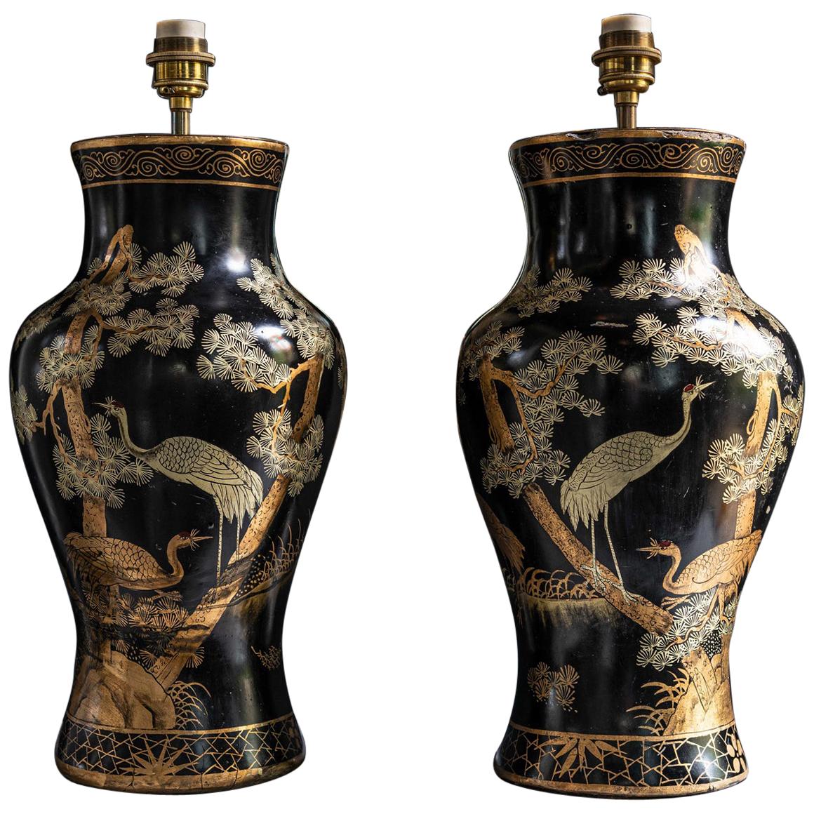Pair of Black and Gold Chinoiserie Papier Mâché Shaped Table Lamps, circa 1950