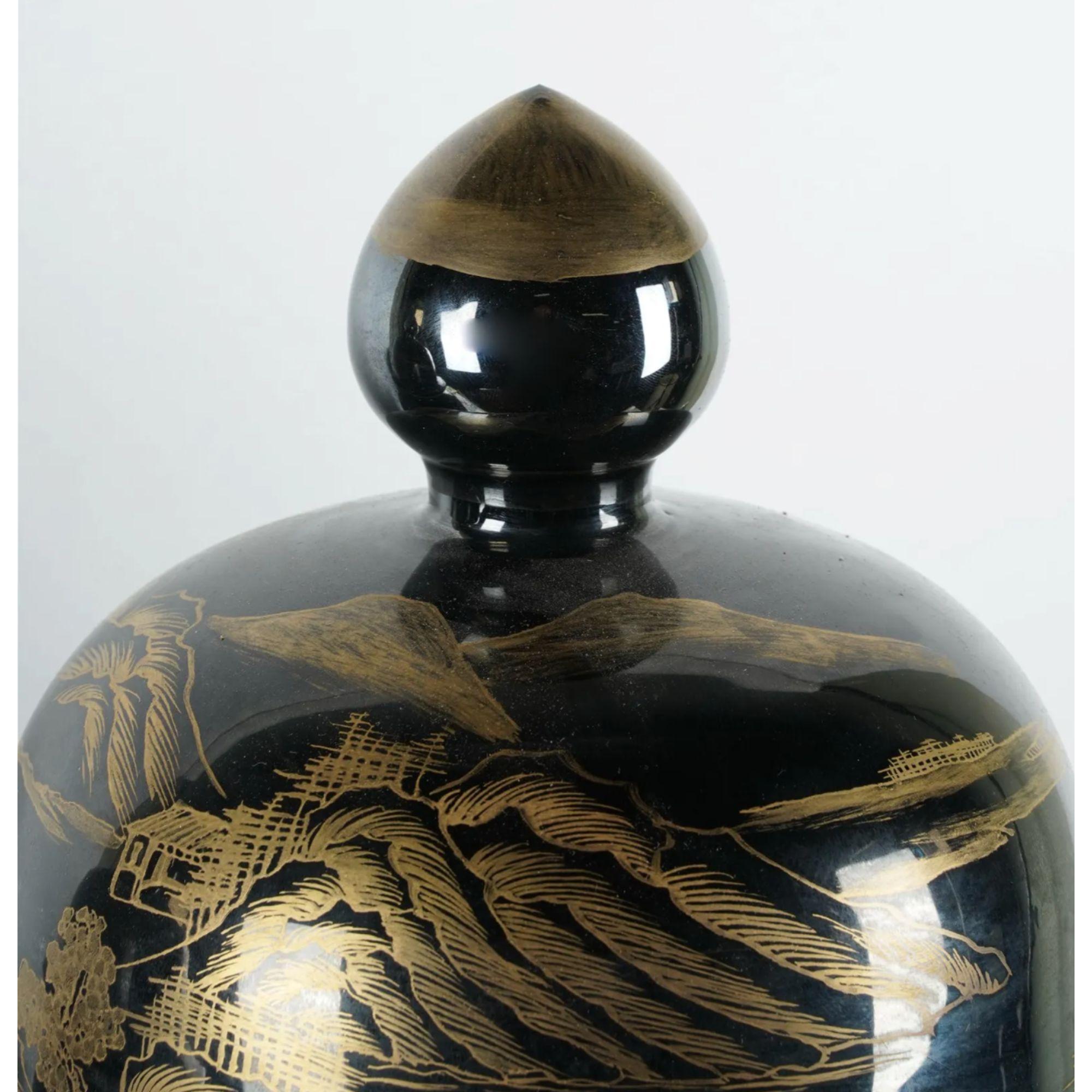 Pair of Black and Gold Porcelain Covered Temple Jars In Good Condition In Dallas, TX