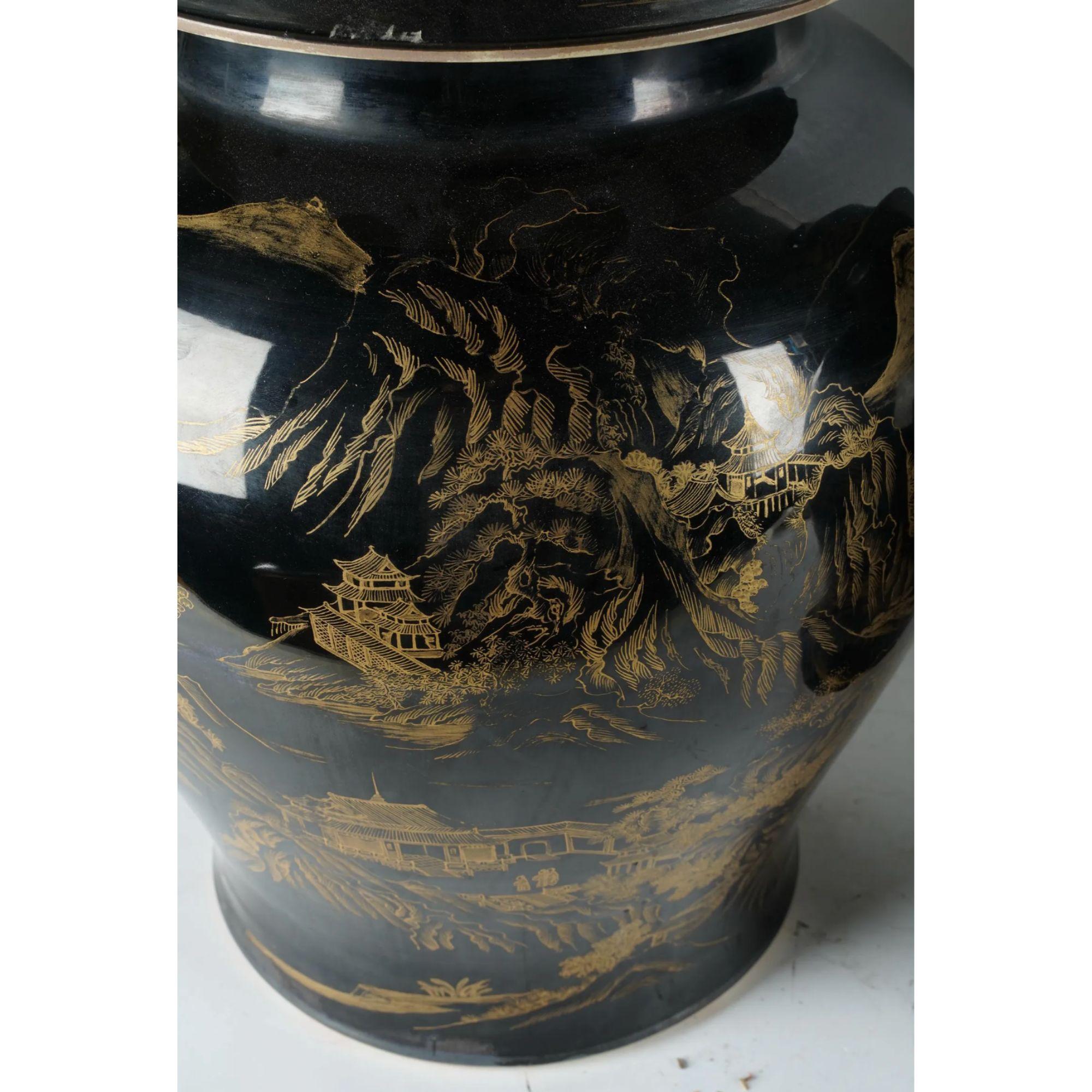20th Century Pair of Black and Gold Porcelain Covered Temple Jars