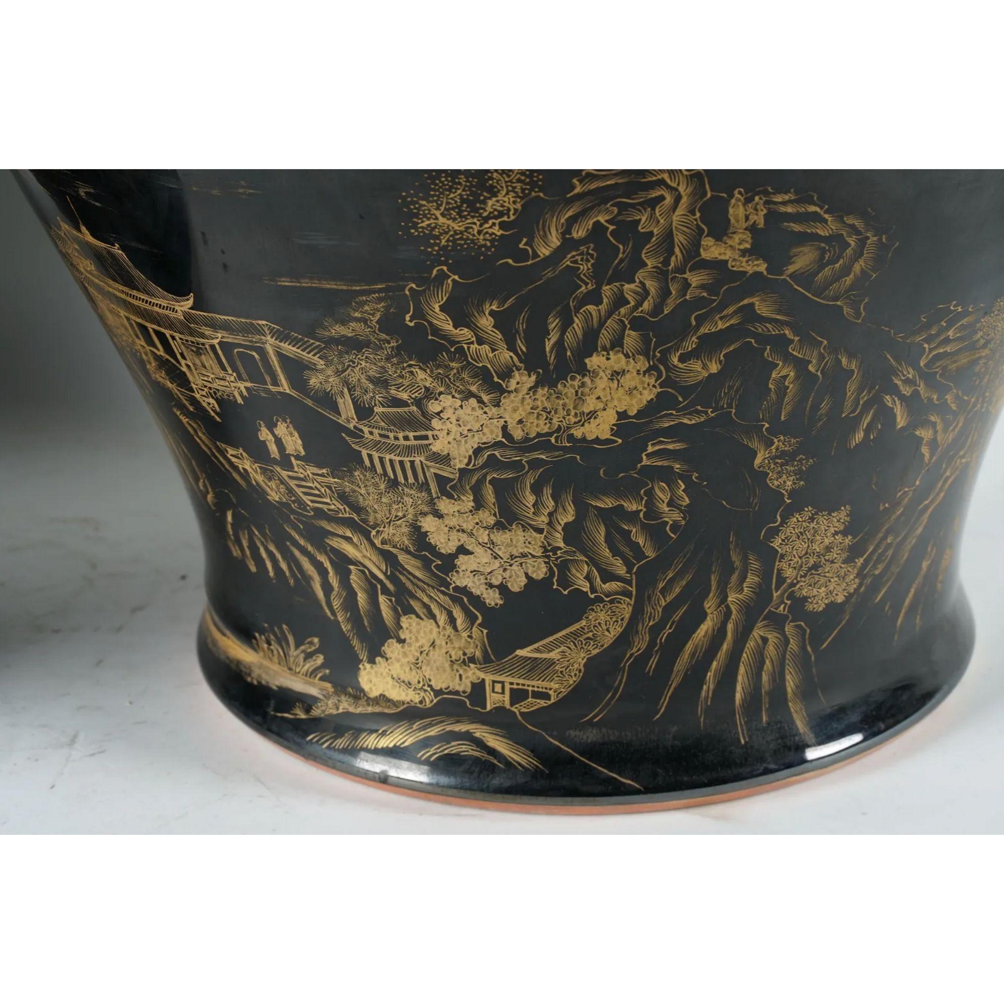 Pair of Black and Gold Porcelain Covered Temple Jars 1