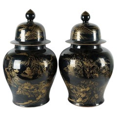 Pair of Black and Gold Porcelain Covered Temple Jars