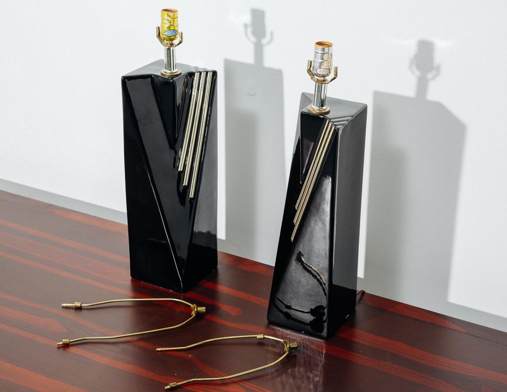 Post-Modern Pair of Black and Gold Table Lamps For Sale