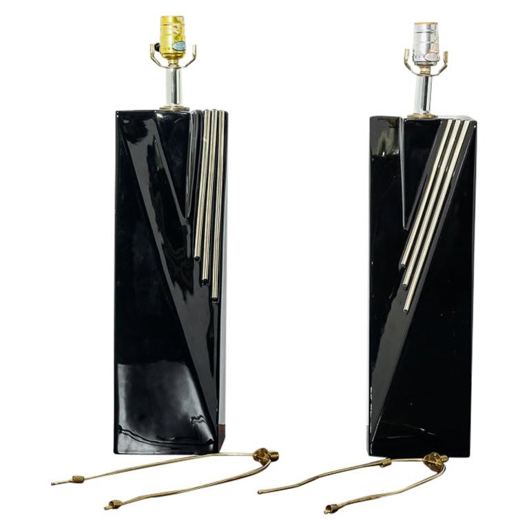 Pair of Black and Gold Table Lamps For Sale