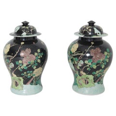 Pair of Black and Green Ceramic Ginger Jars