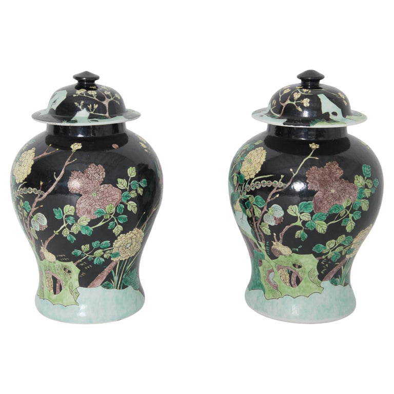 Pair of Black and Green Ceramic Ginger Jars For Sale at 1stDibs