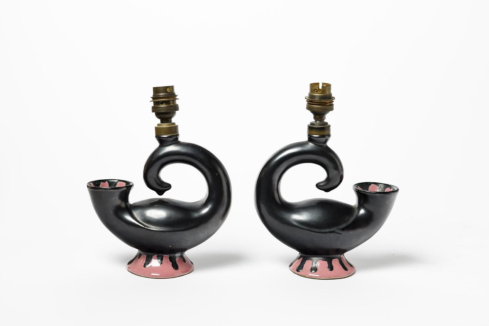 Pair of Black and Pink Abstract Ceramic Table Lamp, circa 1950, 20th Century For Sale 1