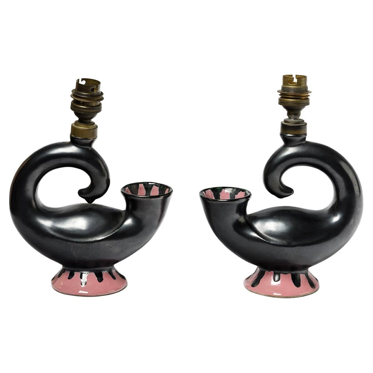 Pair of Black and Pink Abstract Ceramic Table Lamp, circa 1950, 20th Century For Sale