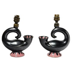 Pair of Black and Pink Abstract Ceramic Table Lamp, circa 1950, 20th Century