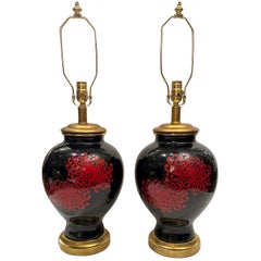 Pair of Black and Red Chinoiserie Lamps