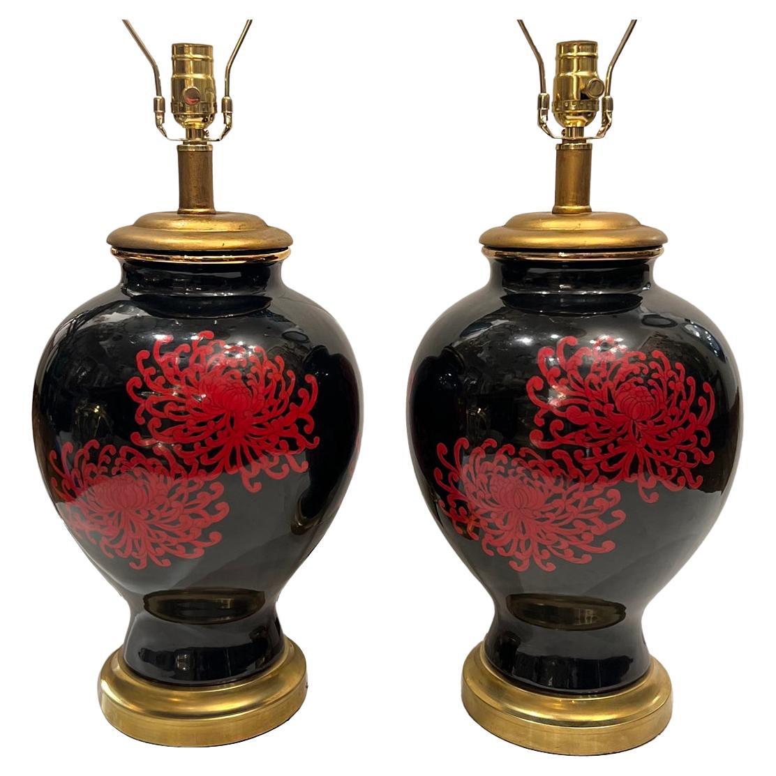 Pair of Black and Red Chinoiserie Lamps For Sale