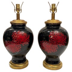Pair of Black and Red Chinoiserie Lamps