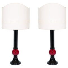 Pair of Black and Red Table Lamps in Blown Murano Glass, 21st Century