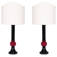 Paire de lampes de table noires et rouges en verre soufflé de Murano, 21e siècle