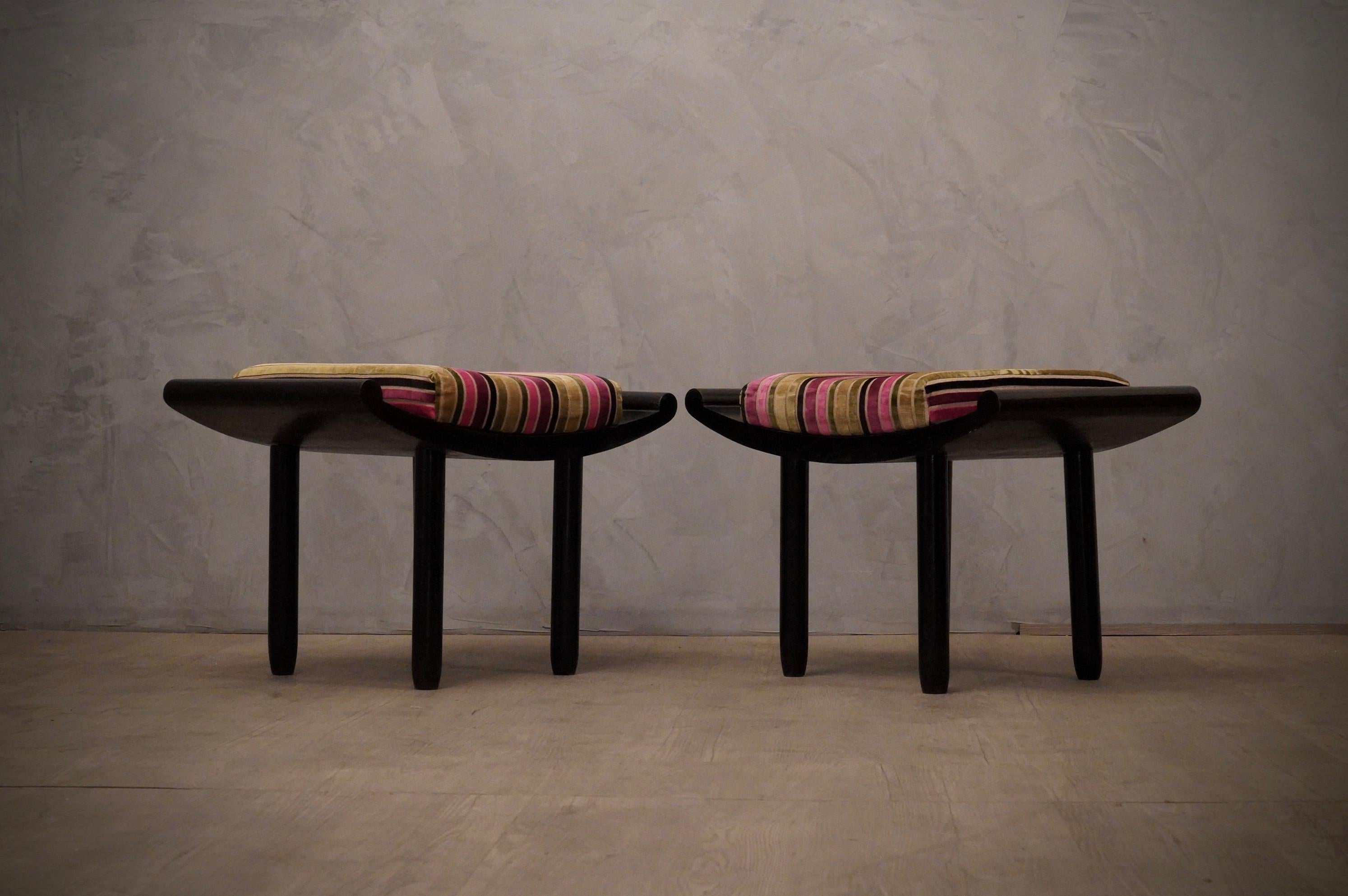Pair of Art Deco Black and Velvet French Benches, 1930 5