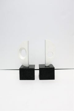 Black and White Plaster Abstract Sculptures or Bookends on Marble Bases
