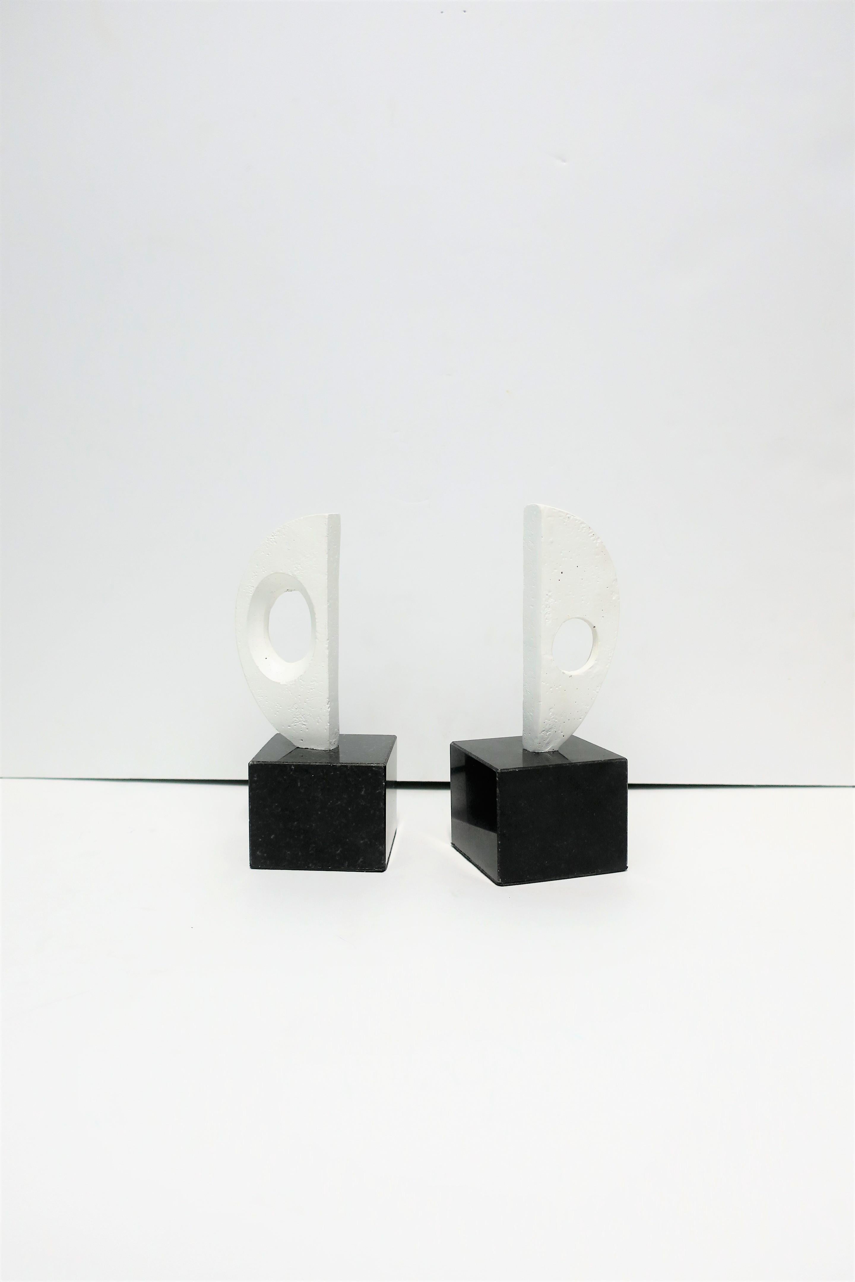 Black and White Plaster Abstract Sculptures or Bookends on Marble Bases 2