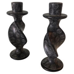 Pair of Black and White African Soapstone Candle Holders
