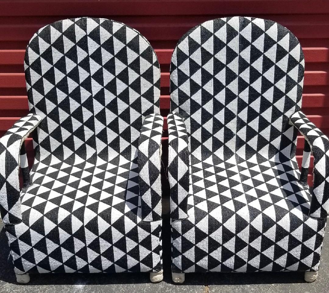 Folk Art Pair of Black and White Diamond African Beaded Ceremonial Chairs