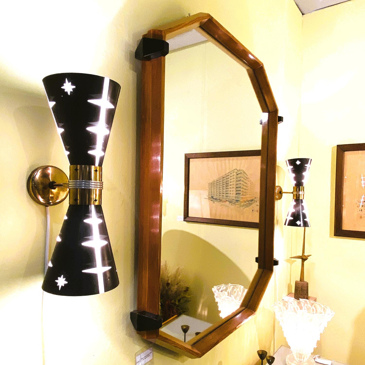 French Pair of Black and White Etched Glass and Brass Hourglass Wall Lights 1950’s For Sale