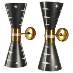 Pair of Black and White Etched Glass and Brass Hourglass Wall Lights 1950’s