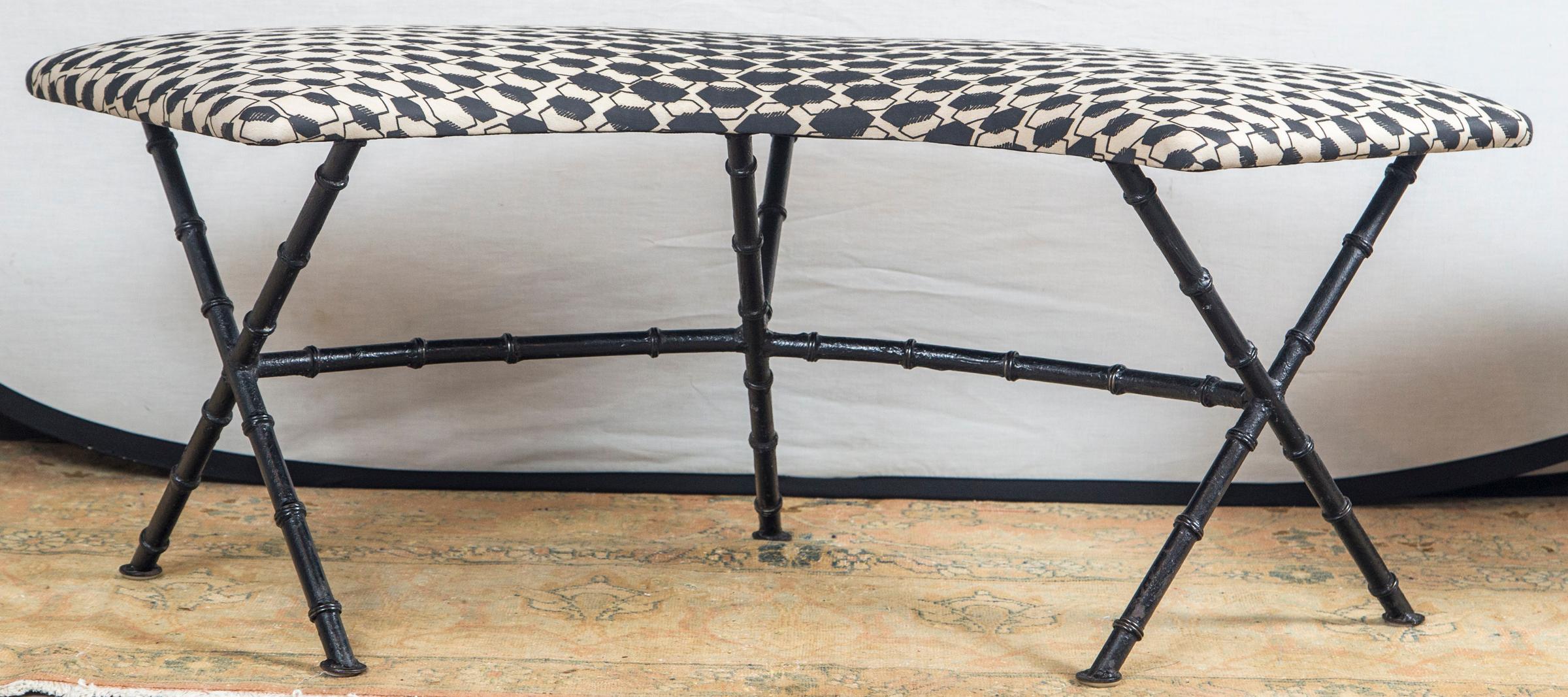 Modern Pair of Black and White French Demilune Iron Benches Recovered in Fortuny Fabric
