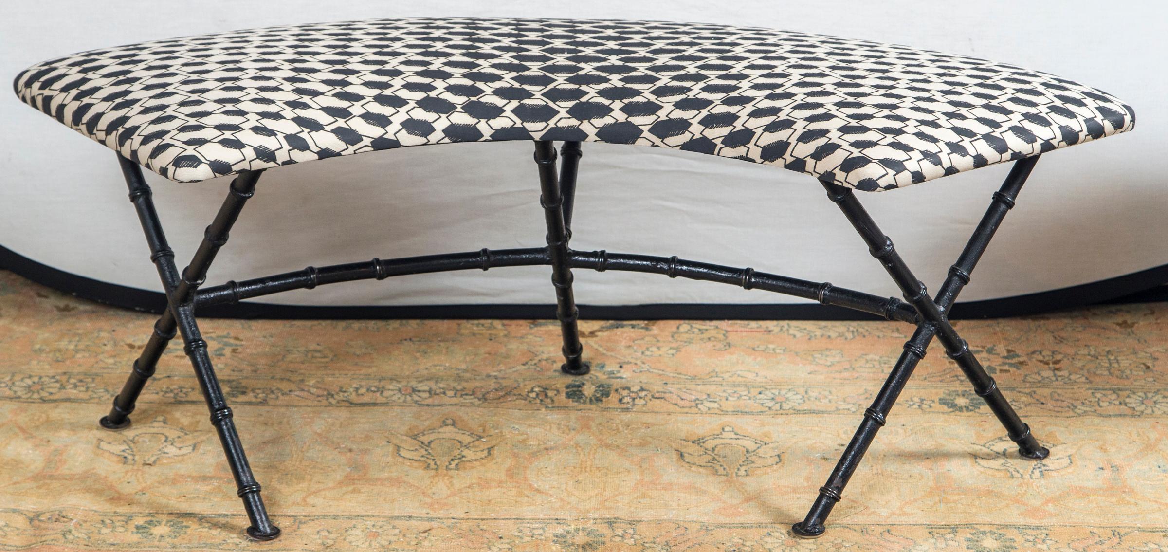 Pair of Black and White French Demilune Iron Benches Recovered in Fortuny Fabric In Good Condition In Westport, CT