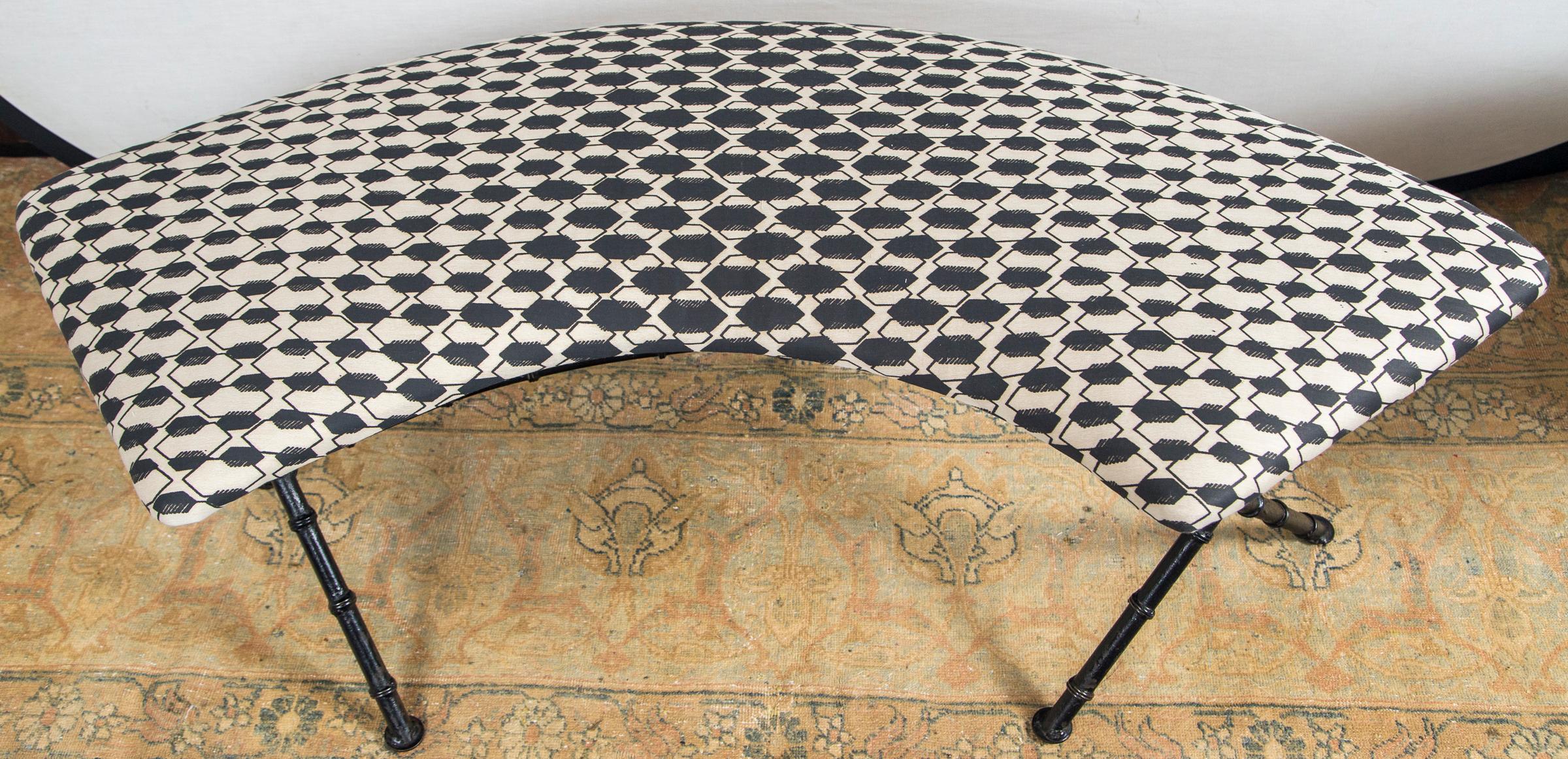 20th Century Pair of Black and White French Demilune Iron Benches Recovered in Fortuny Fabric
