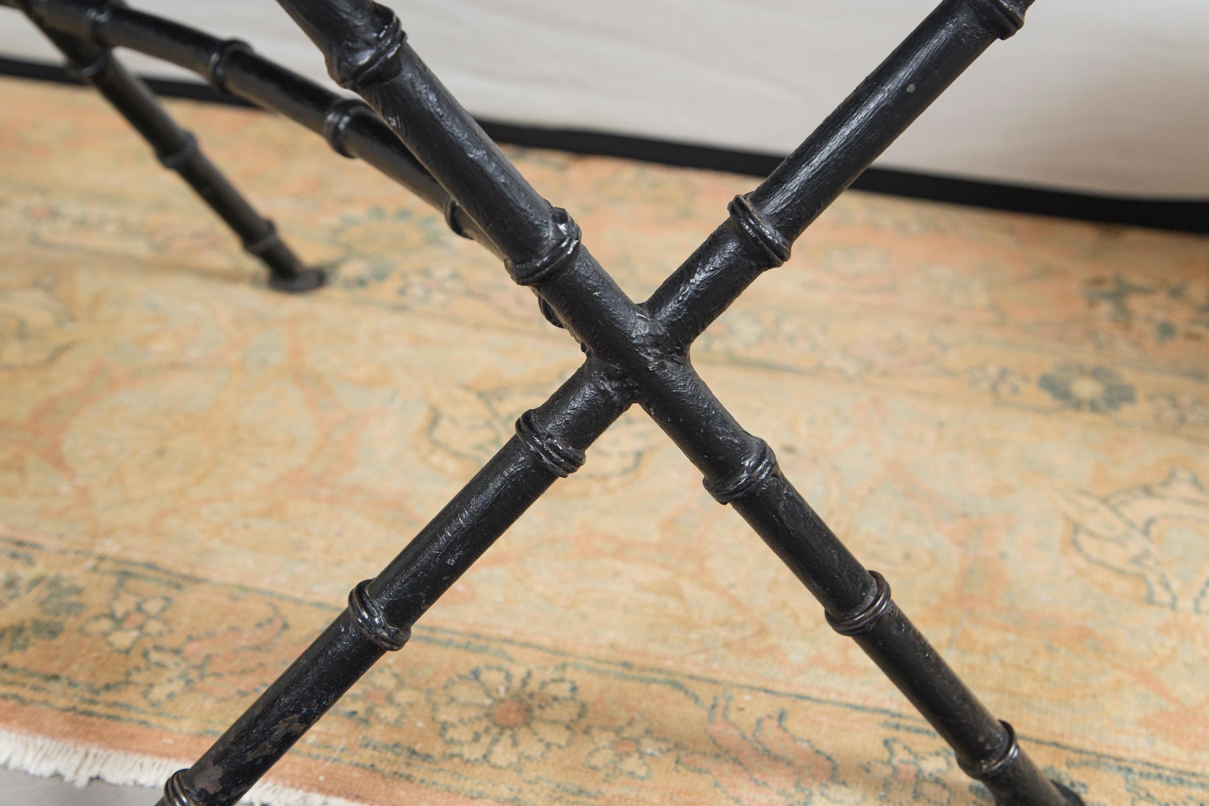 Pair of Black and White French Demilune Iron Benches Recovered in Fortuny Fabric 2