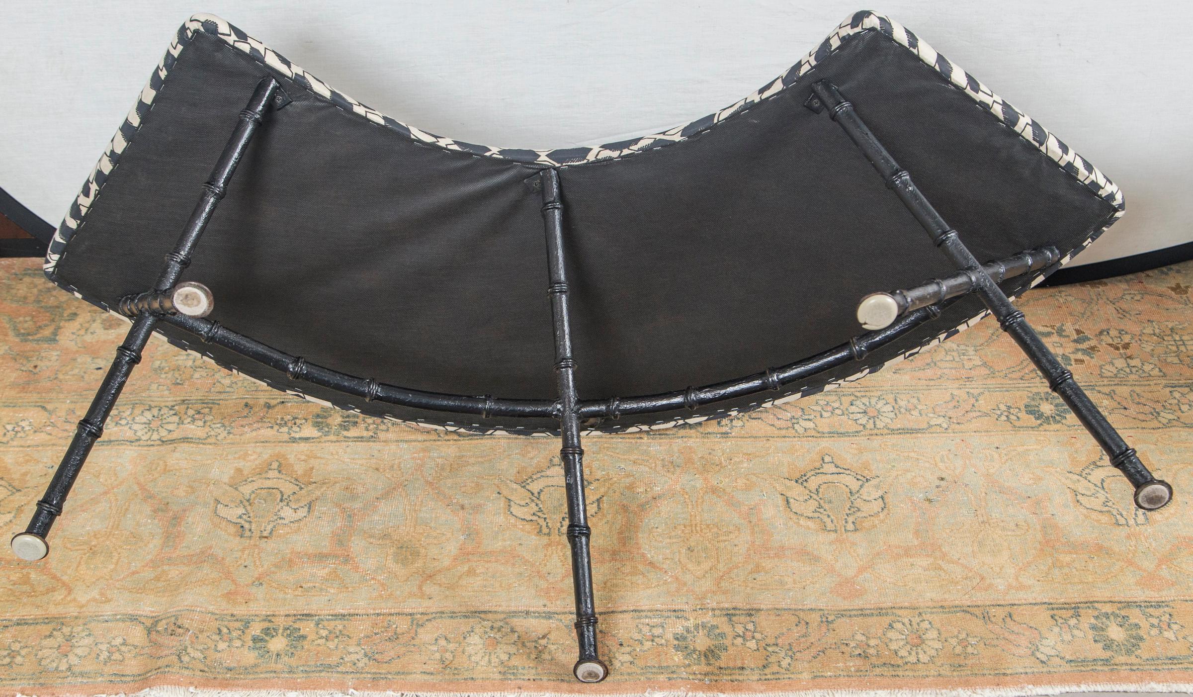 Pair of Black and White French Demilune Iron Benches Recovered in Fortuny Fabric 3