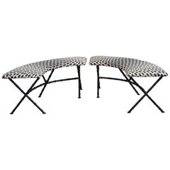 Pair of Black and White French Demilune Iron Benches Recovered in Fortuny Fabric