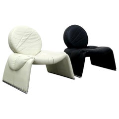 Pair of Black and White Leather Vintage Italian Lounge Chairs