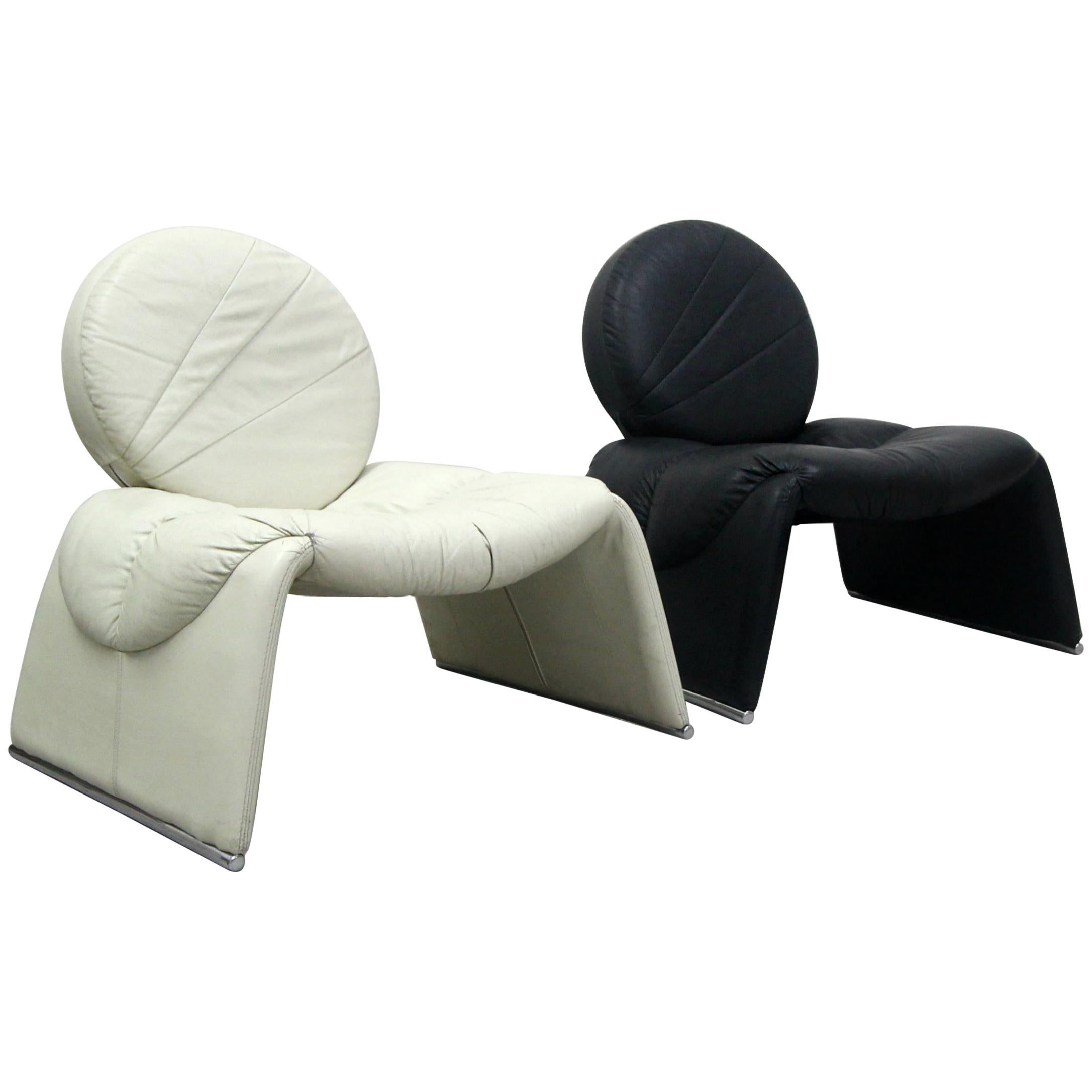 Pair of Black and White Leather Vintage Italian Lounge Chairs