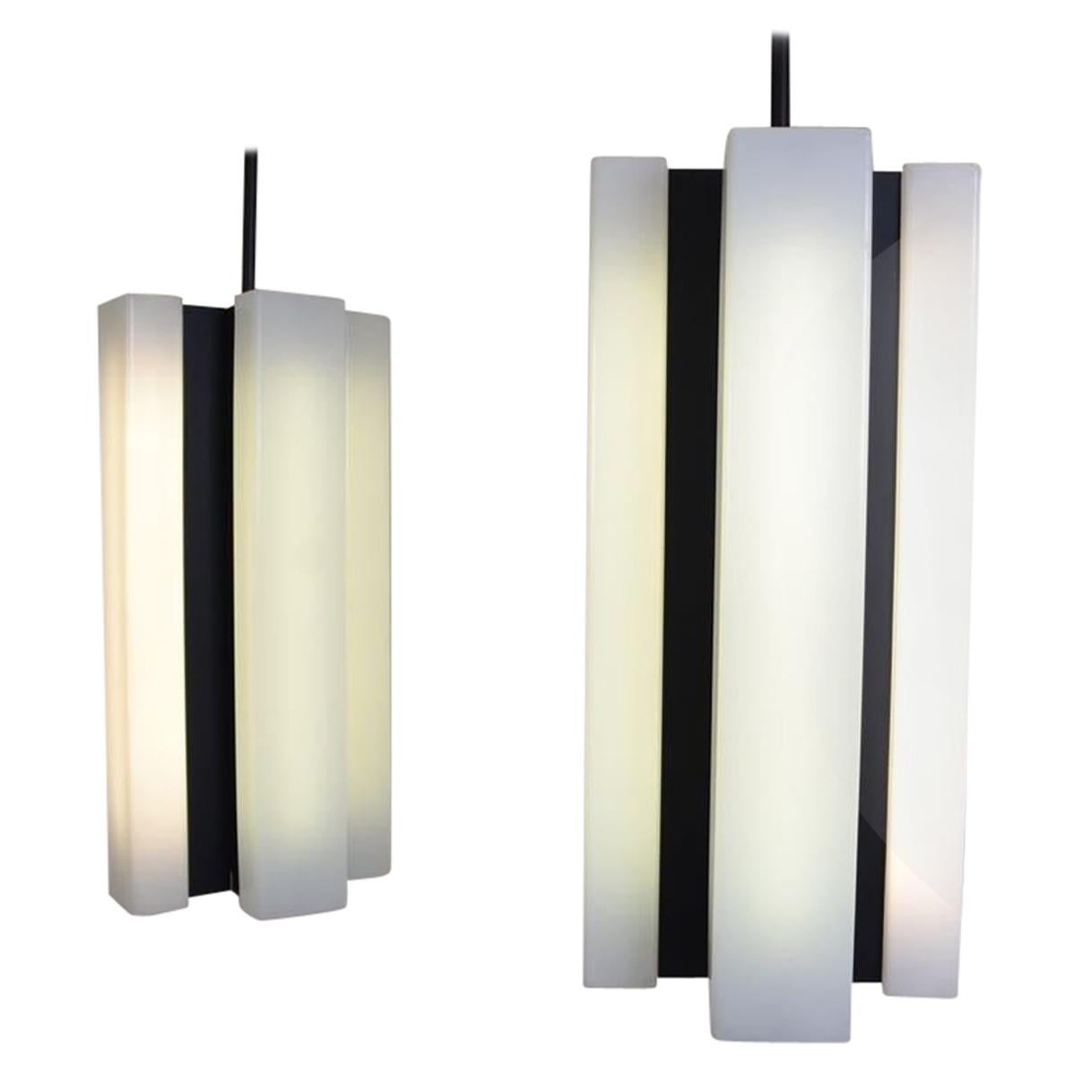 Pair of Black and White Modernist Pendant Lights, Italy, 1970 For Sale
